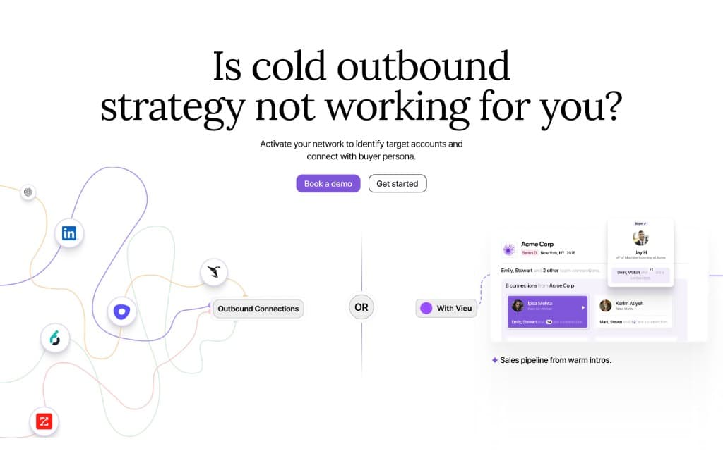 Vieu homepage — outbound connections versus sales pipeline from warm intros